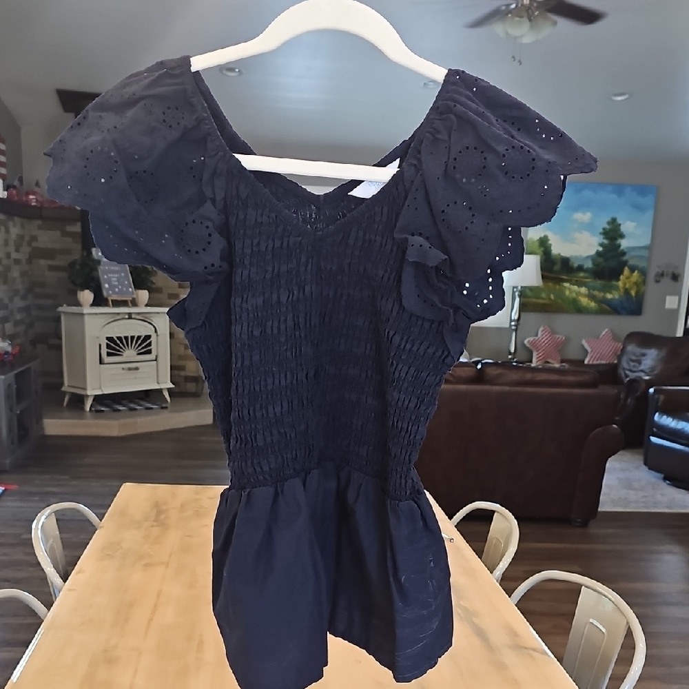 Navy Blue Eyelet Ruffle Top M